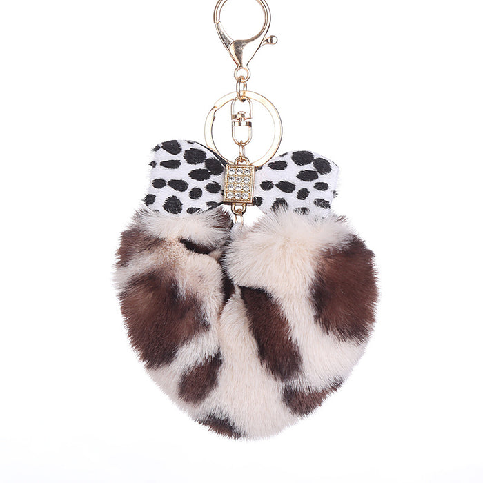 Wholesale Leopard Print Heart Hair Ball Keychain Diamond Bow JDC-KC-WuoD024