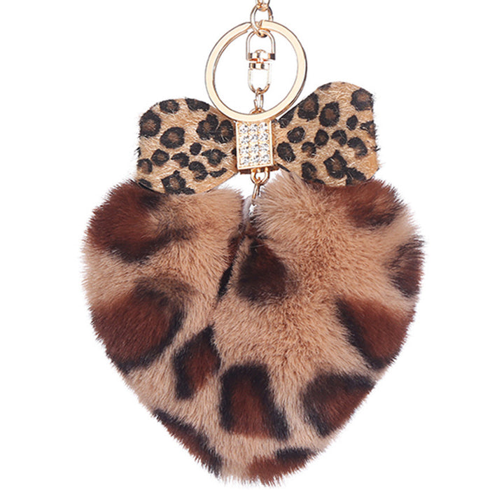 Wholesale Leopard Print Heart Hair Ball Keychain Diamond Bow JDC-KC-WuoD024