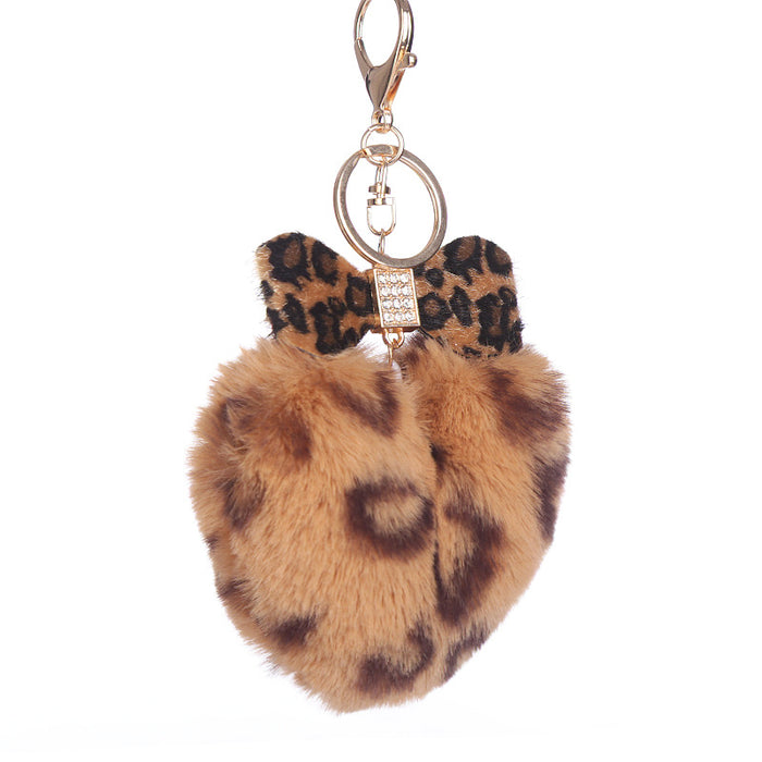 Wholesale Leopard Print Heart Hair Ball Keychain Diamond Bow JDC-KC-WuoD024
