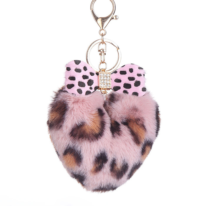 Wholesale Leopard Print Heart Hair Ball Keychain Diamond Bow JDC-KC-WuoD024