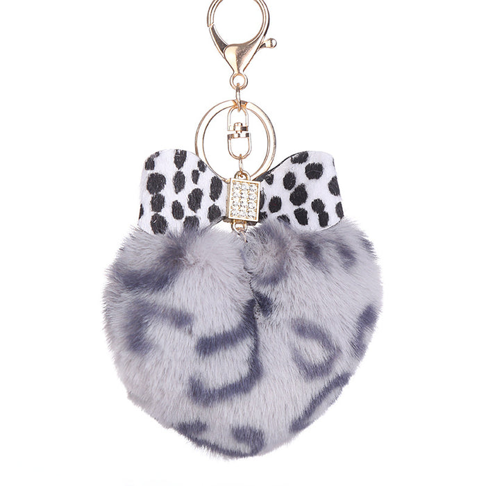 Wholesale Leopard Print Heart Hair Ball Keychain Diamond Bow JDC-KC-WuoD024
