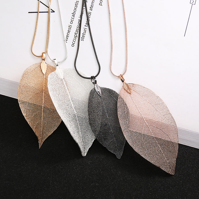 Wholesale Natural Real Leaf Specimens Gold-Plated Long Necklace Personalized Simple Leaf Sweater Chain
