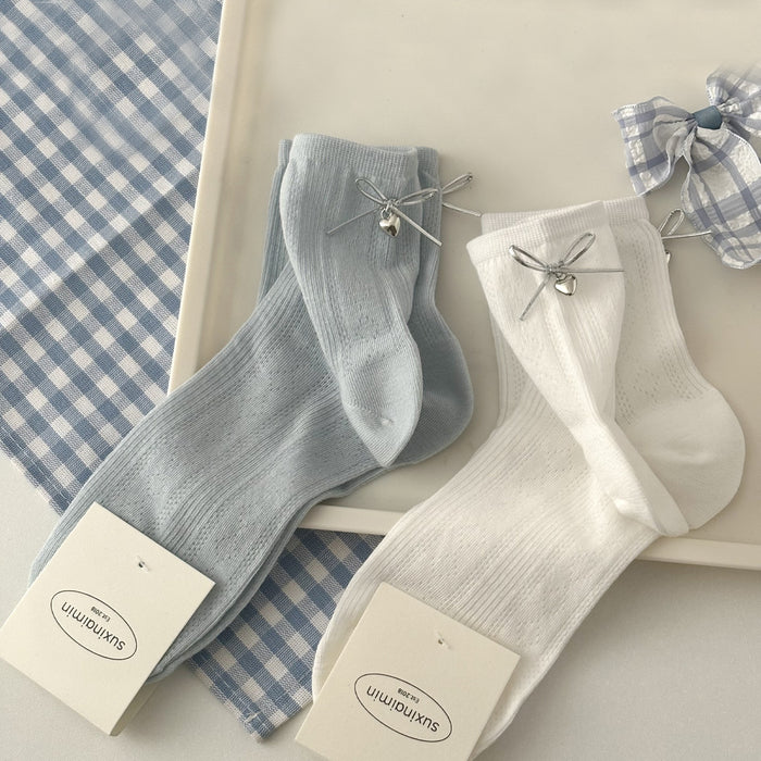 Wholesale Love Silver Wire Bow Middle Socks Breathable Hollow Short Socks
