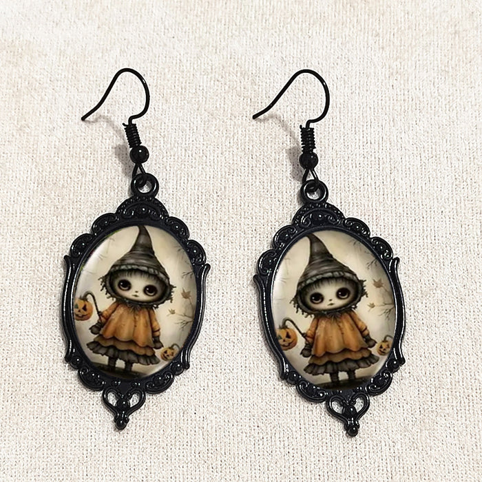 Wholesale Halloween Series Peripheral Oval Lace Earrings Ghost Witch Swimming Black Earrings Pumpkin Skull Alloy Earrings JDC-ES-HaoH005