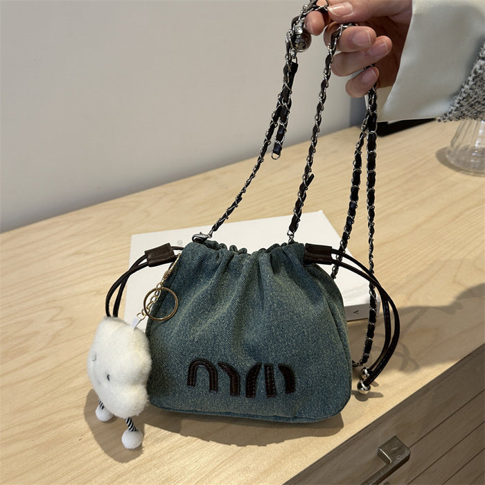Wholesale Premium and niche canvas bag, chain crossbody bag, fashionable pleated bucket bag
