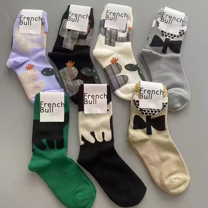 Wholesale Cotton socks, cat flower cactus trendy socks, women's socks, mid tube socks