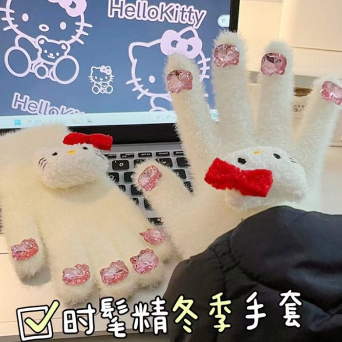 Wholesale Cute Cat Diamond Gloves Girls Winter Warm  Rhinestone Cycling Plush Wear Gloves