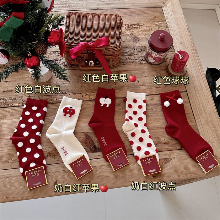 Wholesale Red Socks Children Rabbit Velvet Wave Point Middle Tube Creative