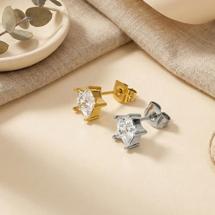 Wholesale Titanium steel Star Zircon Stud Earrings — Gold-Tone Five-Pointed Star Earrings with Diamond Accents
