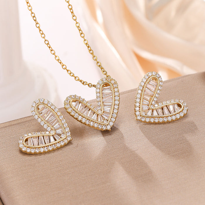 Wholesale Sweet Cool Style Love Necklace Women's Niche Design Feeling Zircon Women's All-match Clavicle Chain Heart-shaped Pendant Earrings suit