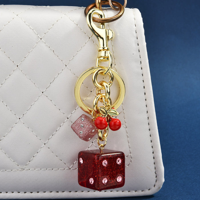 Wholesale dice bag hanging vintage cherry keychain pendant bag hanging dice glitter pink