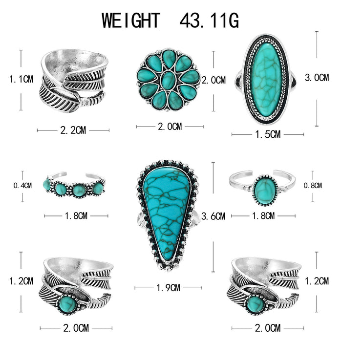 Wholesale New personalized combination hand jewelry retro feather turquoise opening 8-piece set ring