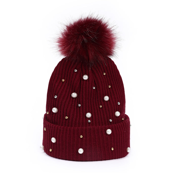 Wholesale Studded Pearl Knit Hat Pom-Pom Hat Outdoor Casual Warm Hat Breathable and Warm