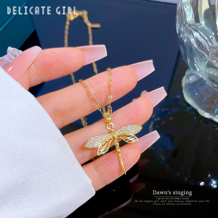 Wholesale Titanium Steel Hollow Dragonfly Inlaid Real Gold Necklace JDC-NE-LG048