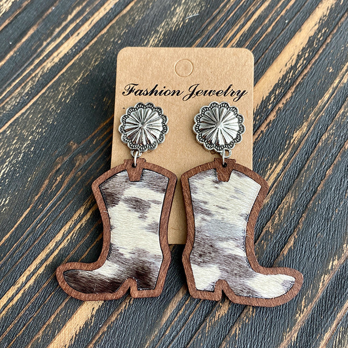 Wholesale Western Denim boots earrings classic leopard leather inlaid wood texture earrings