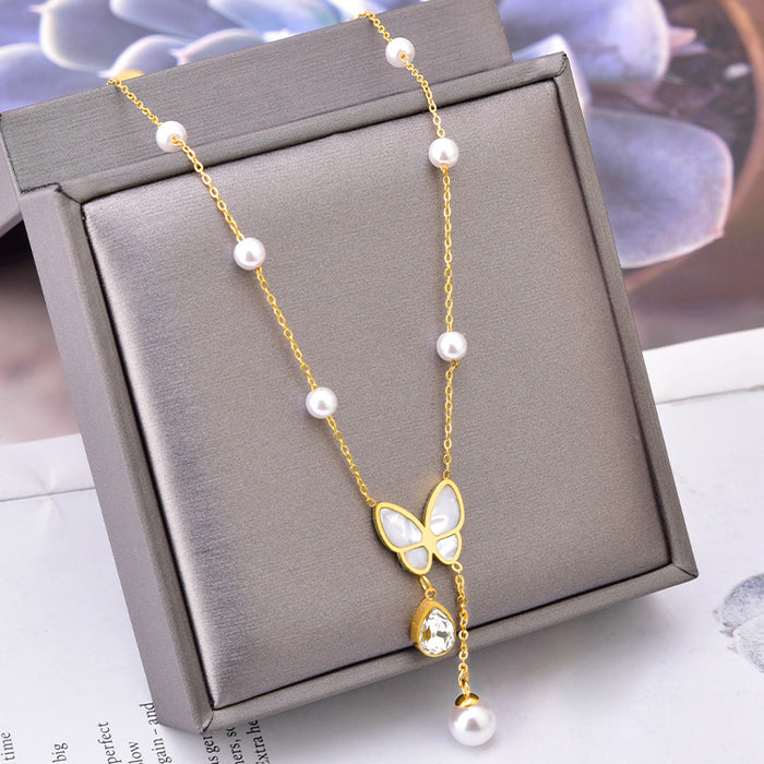 Wholesale Shell Butterfly Tassel Drop Shape Zircon Pendant Titanium Steel Necklace JDC-NE-JinL006