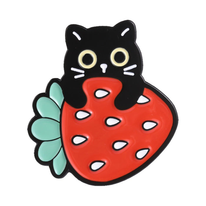 Wholesale Cute Cat Strawberry Fruit Metal Brooch Pin For Girls Holiday Gift