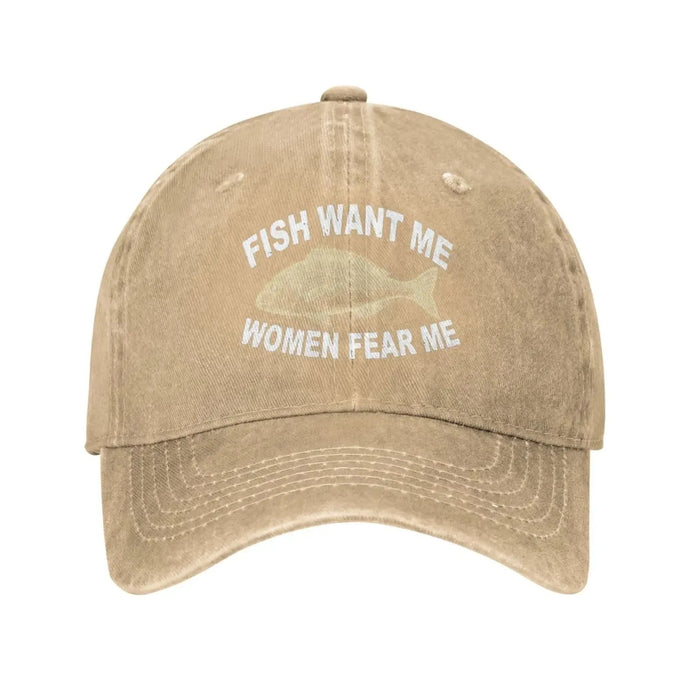 Wholesale Trendy Vintage Washed Baseball Cap Funny Fish Want Me Slogan Adjustable Black Sun Hat For Summer Parties Resale