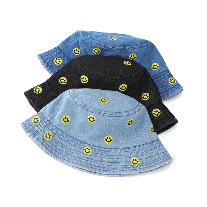 Wholesale Blue Fisherman Hat Embroidered Smiley Face Versatile Sun Protection Hat