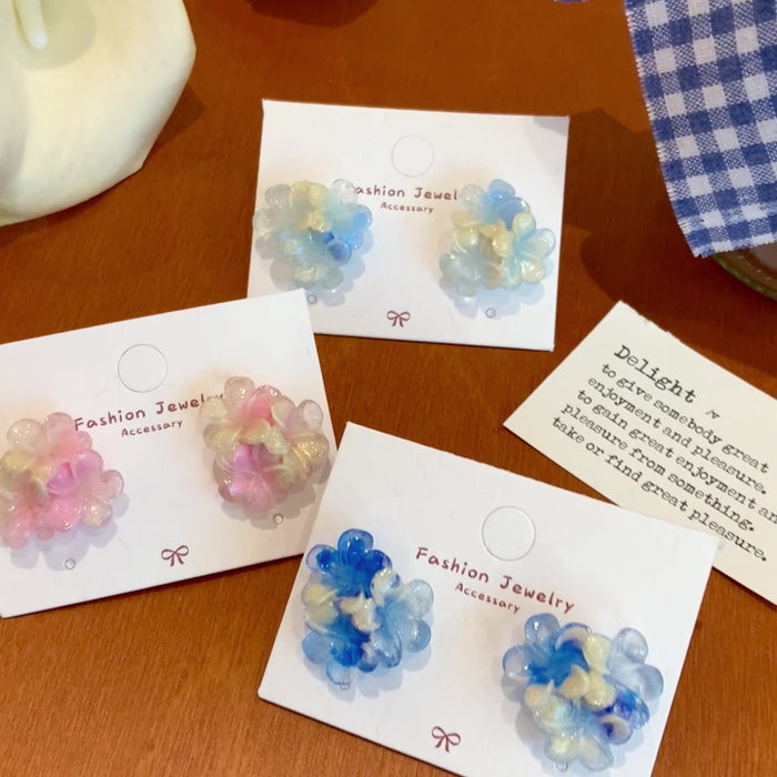 Wholesale Gradient colored resin three petal flower earrings with a sense of design, niche silver needle earrings