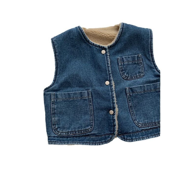 Wholesale Autumn and Winter Double-sided Children's fleece-lined Thickened Baby Warm All-match Vest Trendy Denim Vest Jacket