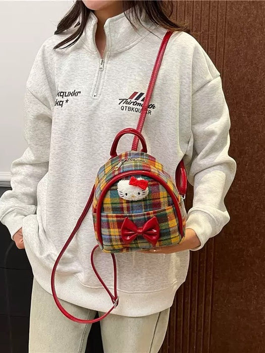 Wholesale Vintage Red Bow Plaid Cute Cat Backpack Bags