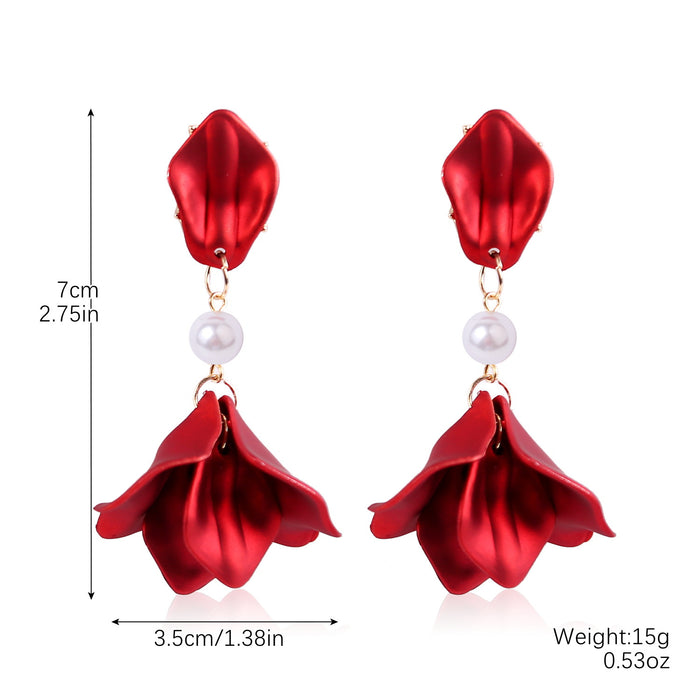 Wholesale Exaggerated flower tassel earrings, personalized earrings, temperament long fabric earrings, red flower earrings