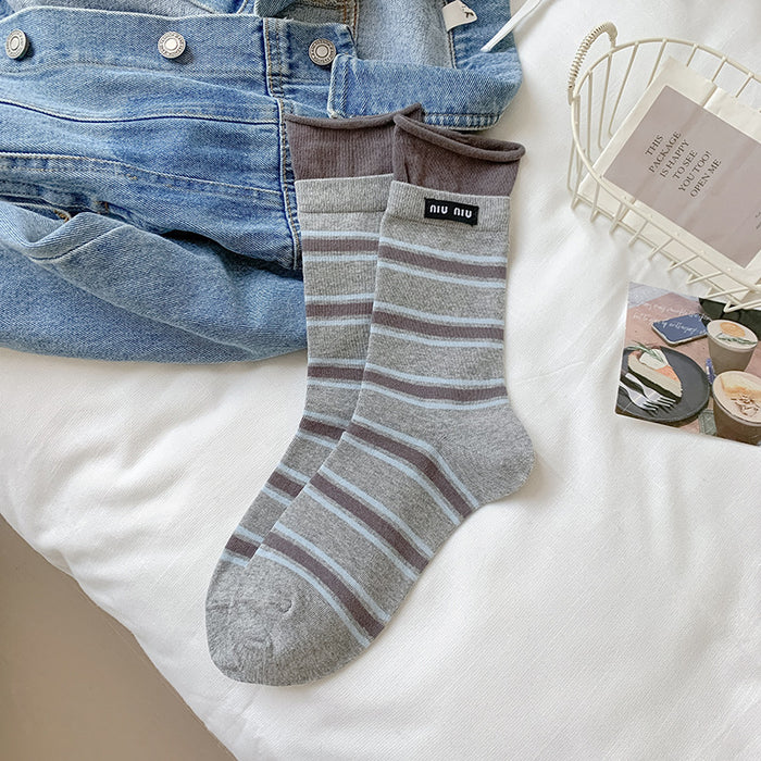 Wholesale Striped socks, mid tube, double ribbed, color blocked fabric, label pile socks, versatile long tube cotton socks