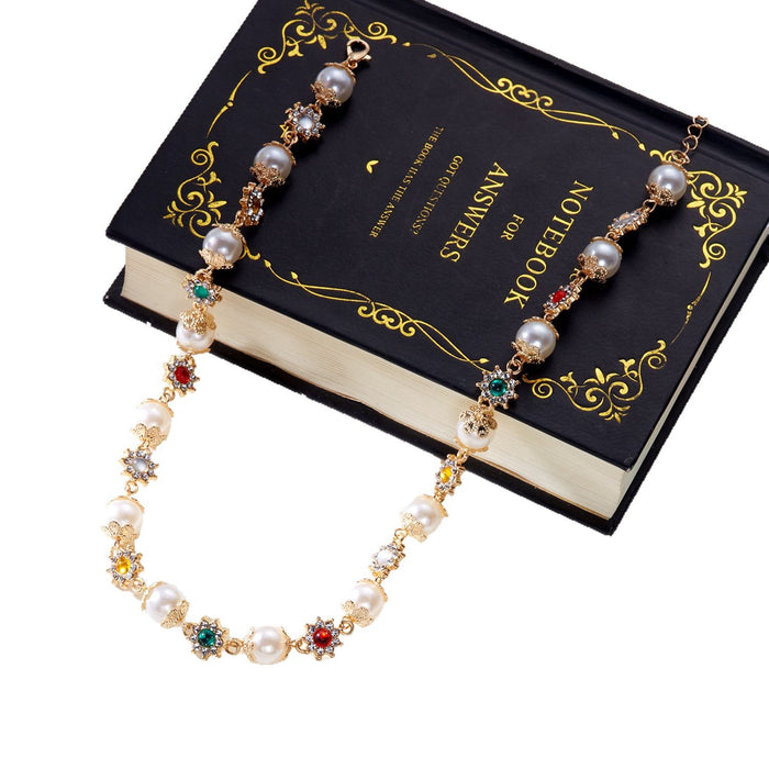 Wholesale niche diamond pearl ing necklace female design sense pearl colored diamond flower necklace