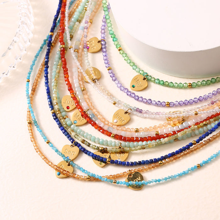 Wholesale New personalized multi-faceted natural stone necklace with stainless steel heart and diamond necklace color preservation