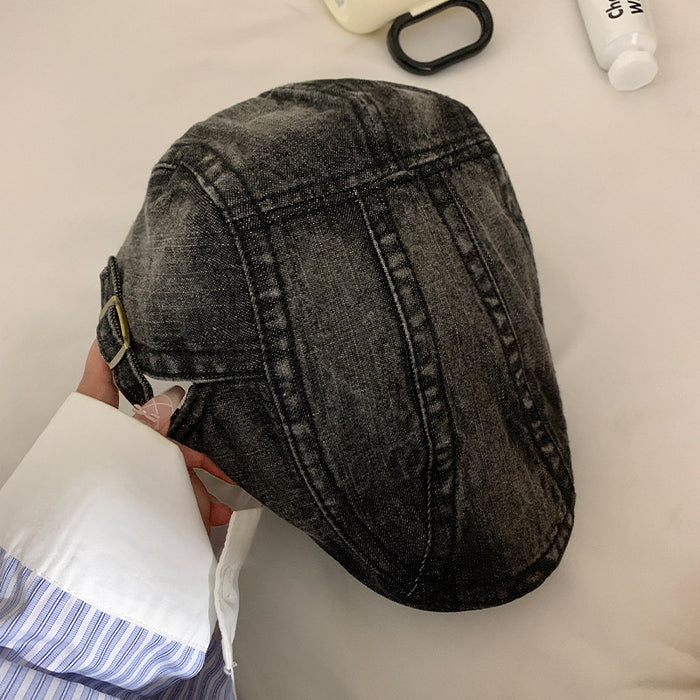 Wholesale Retro washed denim front versatile reverse ducktongue beret hat