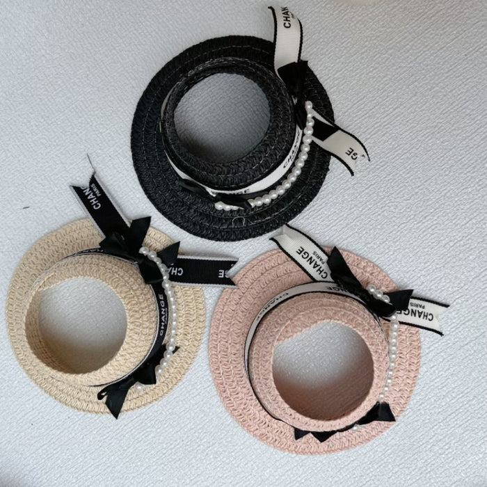 Wholesale Straw Hat Bow Cute Pearl Chain Straw Hat