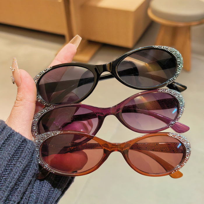 Wholesale Sunglasses for sun shading, travel, fashion, luxury, diamond studded oval frame, purple sunglasses