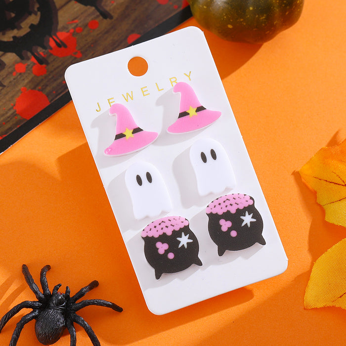 Wholesale  Cute Witch Hat Ghost Magic Cylinder Earrings Set Acrylic Cartoon Party Earrings