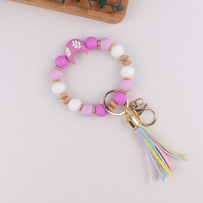 Wholesale Silicone moon beads bag key bracelet bracelet silicone beads beech wood beads tassel keychain
