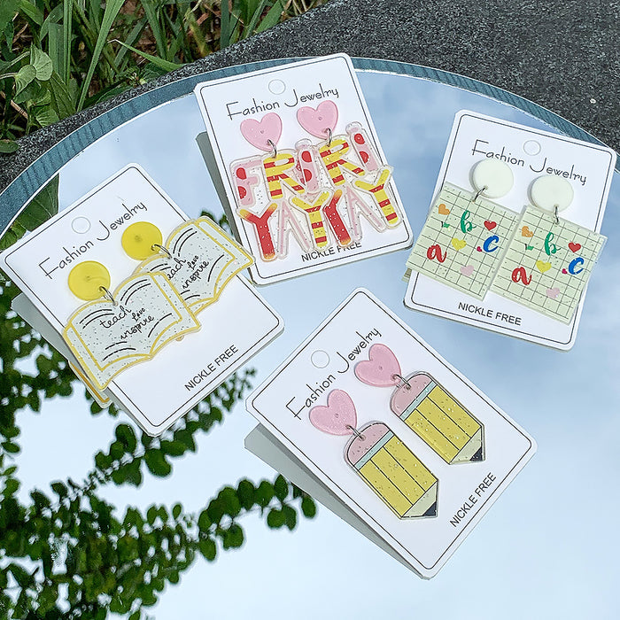 Wholesale Teacher' s Day Pencils,  Apples,  Books,  Cartoon Contrasting Letters Earrings,  Small Fresh Stylish
