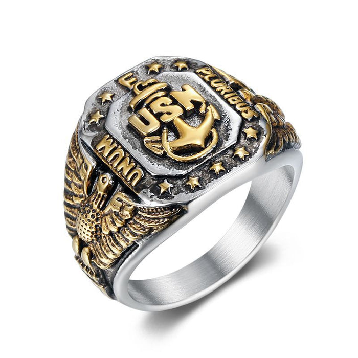 Wholesale Titanium Steel Gold Plated US Navy USN Anchor Eagle Men's Ring JDC-RS-HongX020
