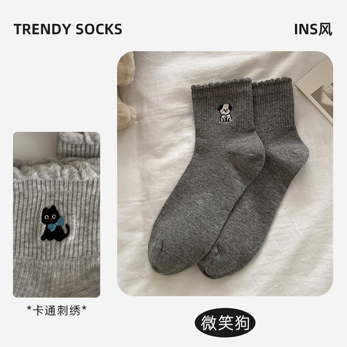 Wholesale Socks Children's Cotton Socks Cartoon Embroidery Lace Middle Sock Pattern Grey Sports Socks