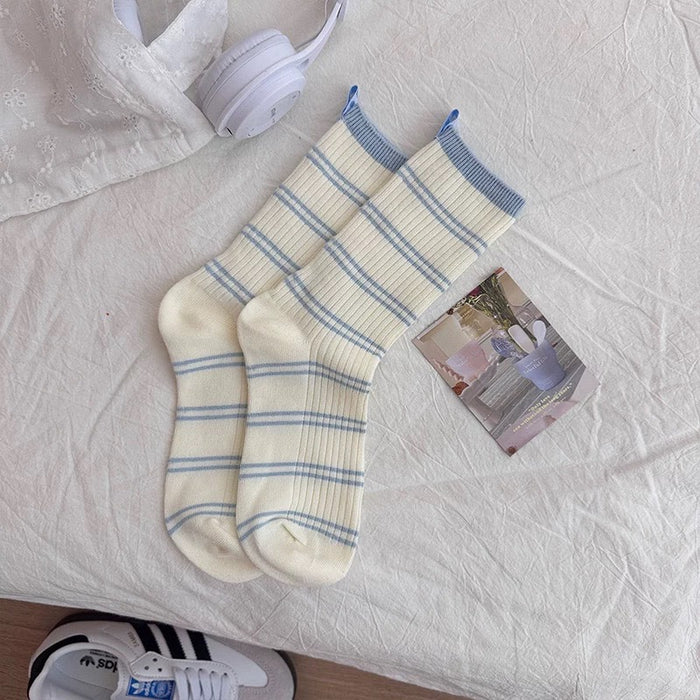 Wholesale Mid length socks, pure cotton pile socks, contrasting stripes, sweat absorbing socks