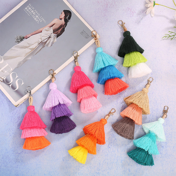 Wholesale handmade three-layer color tassel pendant National style bag accessories pendant Tassel Keychain pendant