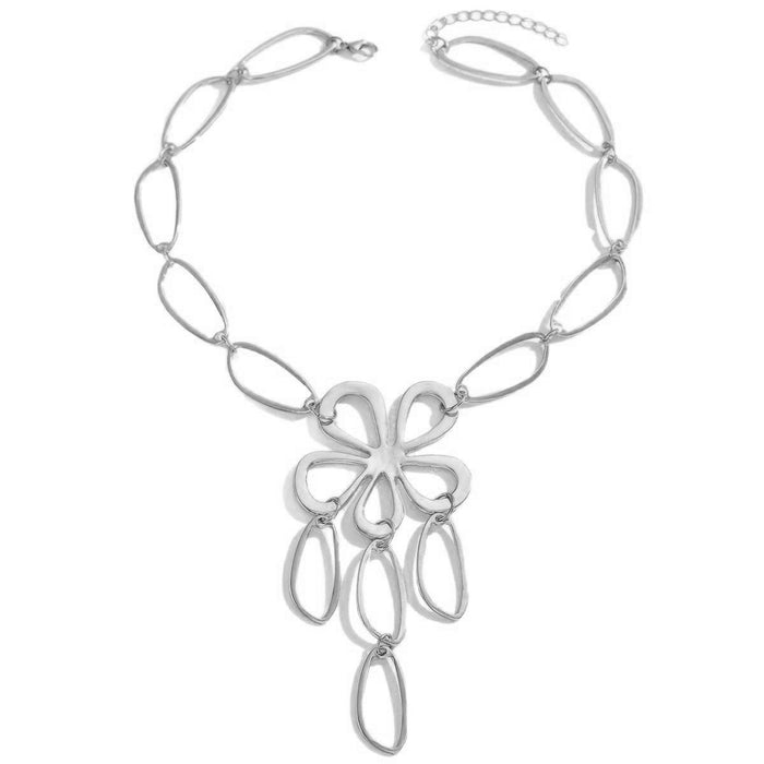 Wholesale Simple metal geometric hollow flower oval necklace with high-end feel, personalized creativity, exaggerated collarbone chain accessories