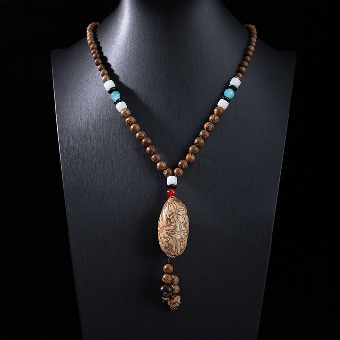 Wholesale Retro ethnic style long wooden sweater chain Bodhi pendant wooden bead necklace Tibetan cotton and linen pendant Buddhist beads necklace