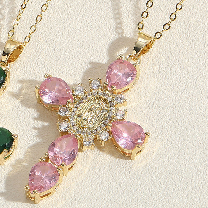 Wholesale EZircon Pendant Madonna Cross Necklace Women's Clavicle Chain Woolen Chain