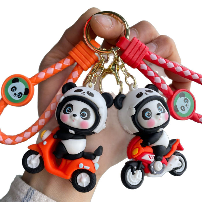 Wholesale Cartoon Motorcycle Panda Keychain 3D Doll Car Keychain Bag Pendant Hanging Decoration Baby Grabbing Machine Small Gift