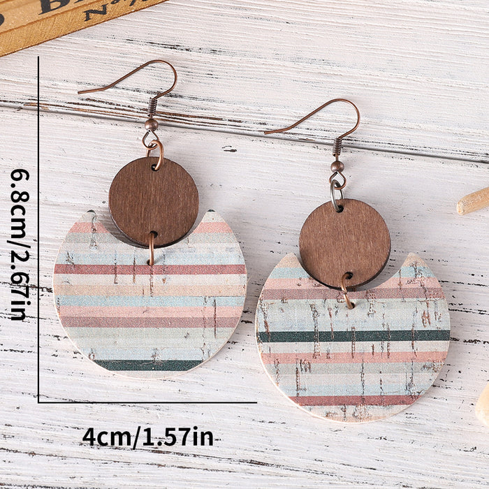 Wholesale Bohemian distressed floral and leaf-printed leather and wood ing pendant earrings double-sided earrings