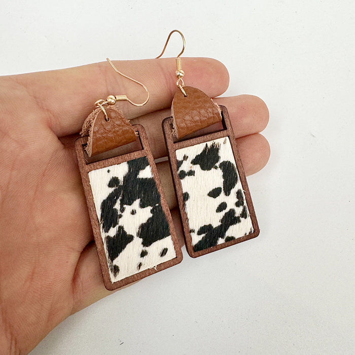 Wholesale Western genuine leather earrings Cow brand geometric hollow inlaid leopard print classic exaggerated earrings