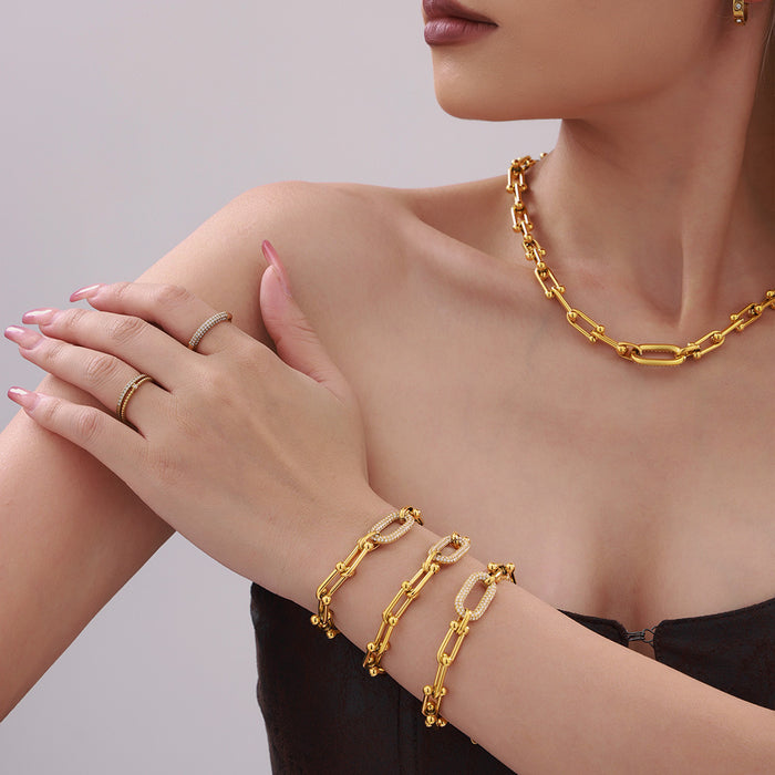 Wholesale Square Sugar Stainless Steel Gold Plated Horseshoe Buckle Zircon Necklace Bracelet Jewelry Set for Female Heavy Industry