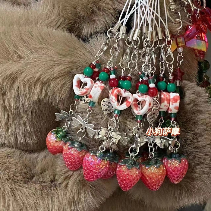 Wholesale Girly Beaded Strawberry Mobile Phone Chain School Bag Pendant Hanging Chain Bow