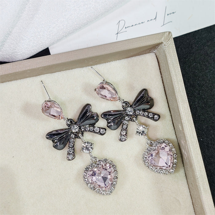 Wholesale Small niche zircon inlaid heart-shaped bow earrings with elegant temperament