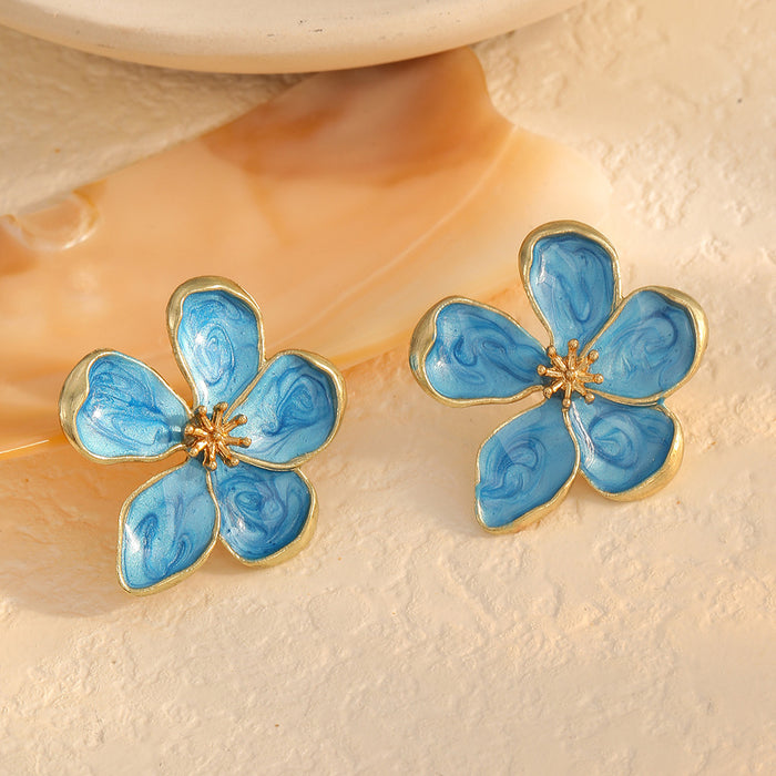 Wholesale Exaggerated metal flower opening ring with oil dripping five petal flower three-dimensional earrings and earrings